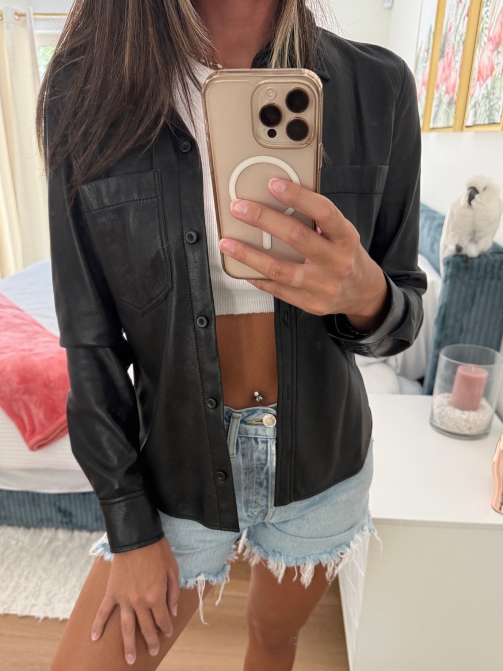 Aritzia Black Faux Leather Button-Front Shirt Jacket